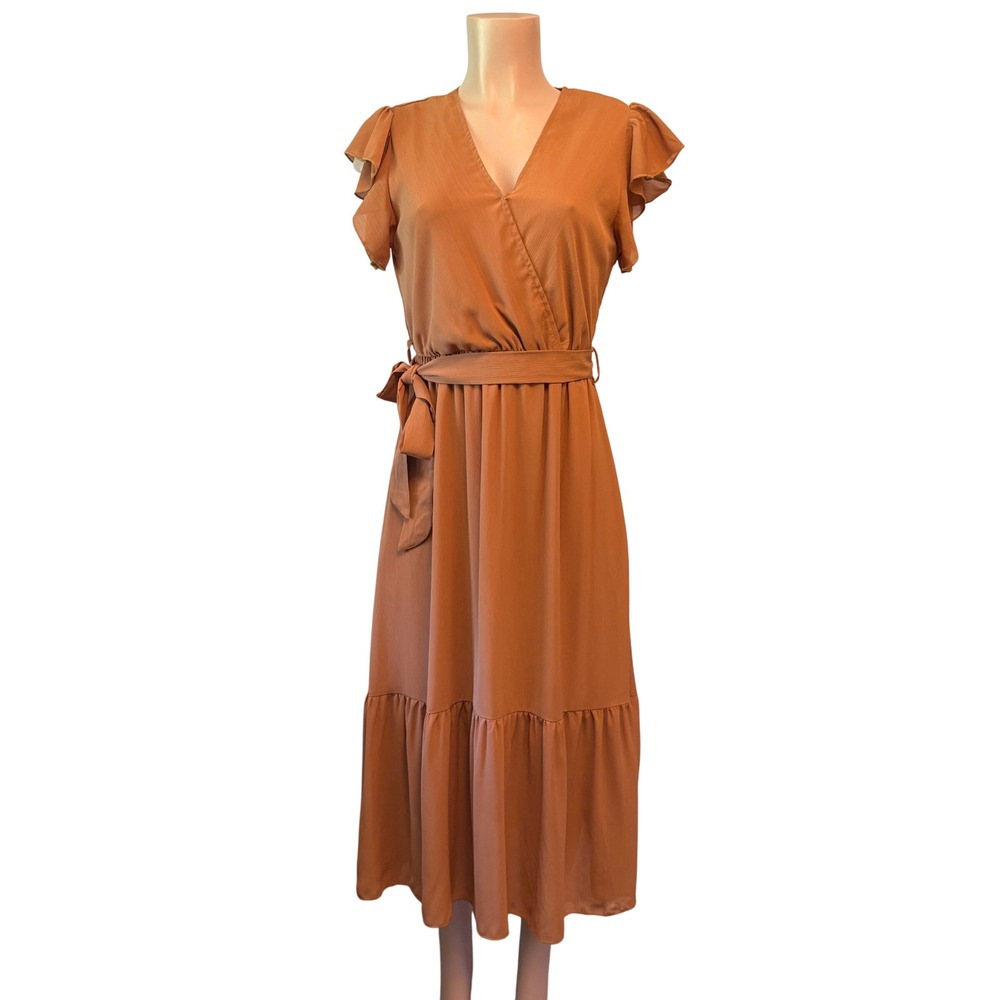Prettygarden Terracotta Wrap Midi Dress Flutter Sleeve Womens‎ S Wedding Guest